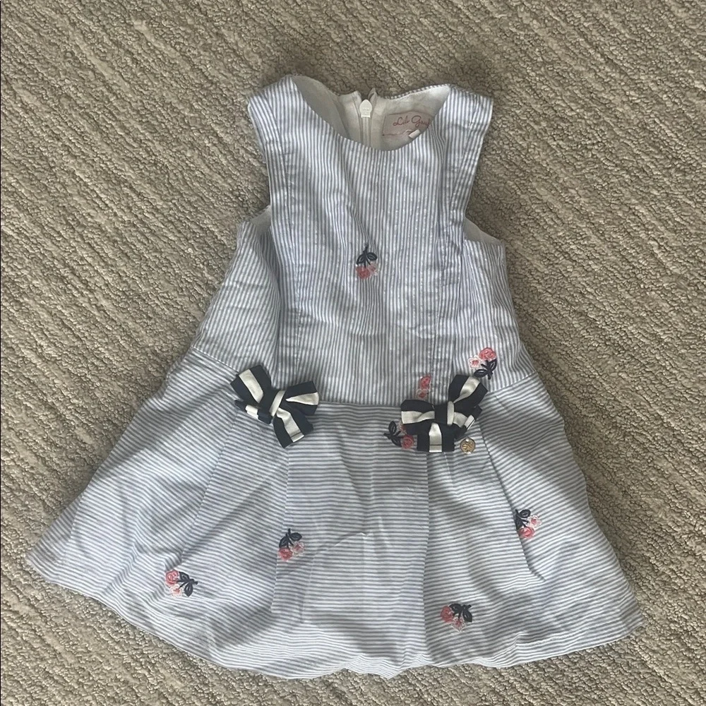 Lili Gaufrette Baby Girl Blue and White Striped Dress w/ Floral Embroidery 12M